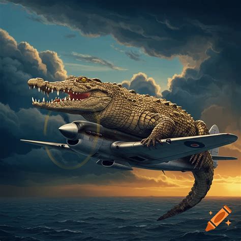 Crocodile head emerging from the front of an airplane flying at sunset ...