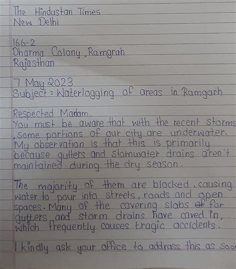 Write a letter to the editor regarding the problem of waterlogging in your area. you are raj ...