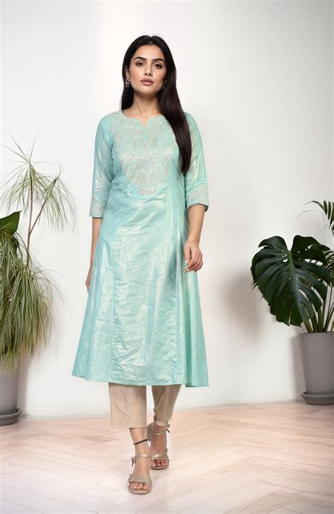 Buy Sea Green Embroidered A-Line Cotton Kurta Online for Woman | Shop ...