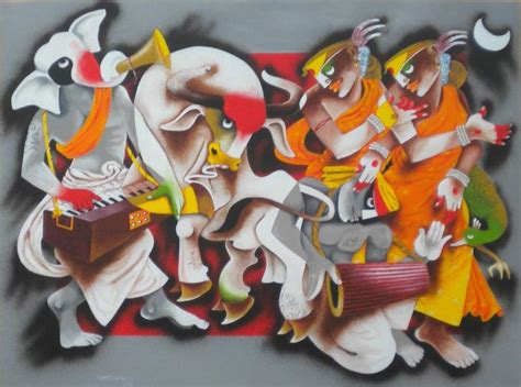 "Folk Dance 6": Orange Acrylic Painting by Uttam Manna – ArtZolo.com