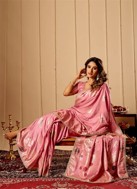 Soft Blush Pink Satin Silk Saree with Antique Gold Zari Motifs – Mysore ...