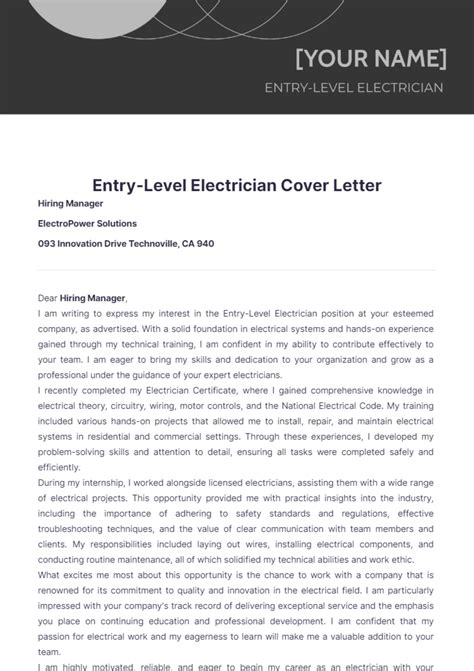Entry Level Electrician Cover Letter