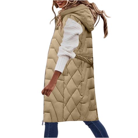 Womens Quilted Long Puffer Vest Jacket with Hood, Sleeveless Winter ...