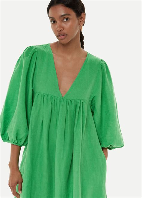 Green Gloria Linen Blend Dress | WHISTLES | Whistles UK