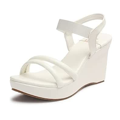 XE Looks Women's White Wedge Heels | Stylish & Trendy Strap Design ...
