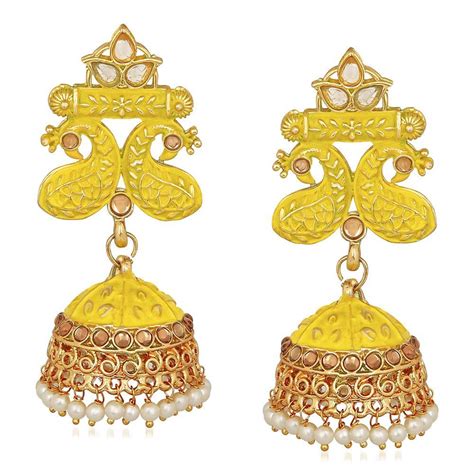 Mahi Traditional Yellow Meenakari work Peacock Jhumki Earrings with Ar ...