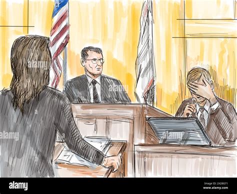 Pastel pencil pen and ink sketch illustration of a courtroom trial ...