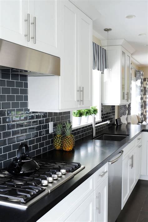 Black Honed Granite Countertop White Cabinet Subway Backsplash Tile ...