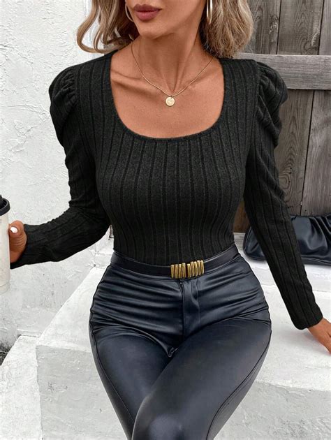 SHEIN Clasi Women's Solid Color Round Neck Ribbed Long Sleeve T-Shirt ...