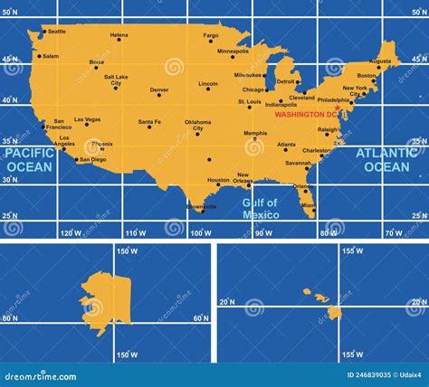 USA Map Infographic Diagram with All Surrounding Oceans Main Cities ...