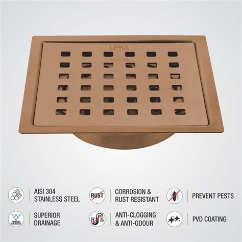 Red Exclusive Square Flat Cut Floor Drain in Antique Copper PVD Coatin ...