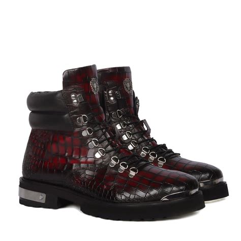 Smokey Wine Lace-Up Chunky Boots Metal Plate Zip Closure Croco Texture