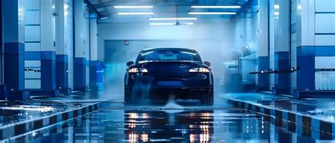 Automated car wash with blue car being cleaned at a service station ...