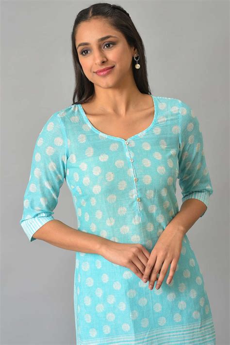 Buy Blue Polka Dots Printed Cotton kurta With Narrow Palaza Online for ...