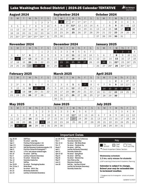 Lake Washington School District Calendar 2024-2025 [PDF]