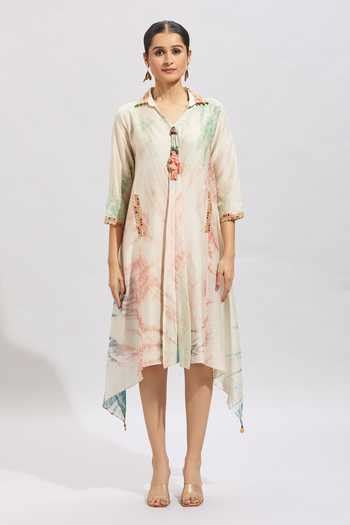 Buy Multi Color Cotton Beads Collared Shibori Printed A-line Midi Dress ...