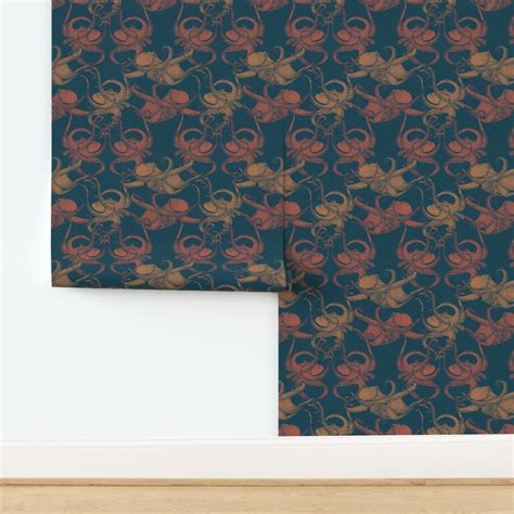 Cephalopod - Octopi - Dark Teal _ Orange Wallpaper | Spoonflower
