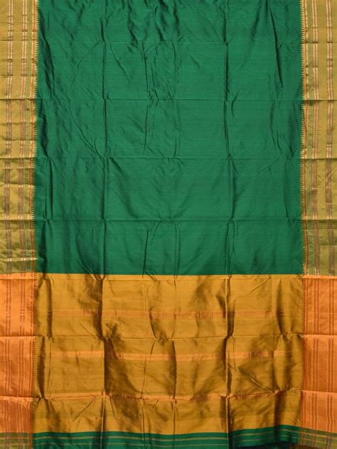 Dark Green and Mustard Narayanpet Silk Handloom Plain Saree with Tradi ...