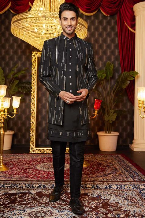 Buy Black Wedding Wear 3 Piece Indo Western For Men In Art Silk Fabric ...