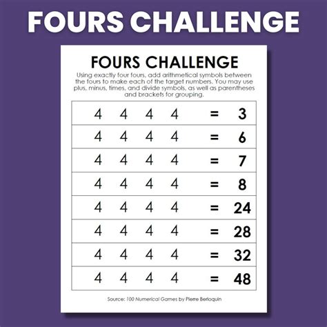 Fours Challenge Puzzle | Math = Love - Worksheets Library