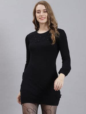 Buy Monte Carlo Black Solid Round Neck Dress Online