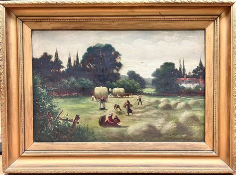 Victorian English - Rural Harvest Scene Gathering Hay Farming Landscape 19th Century English Oil ...