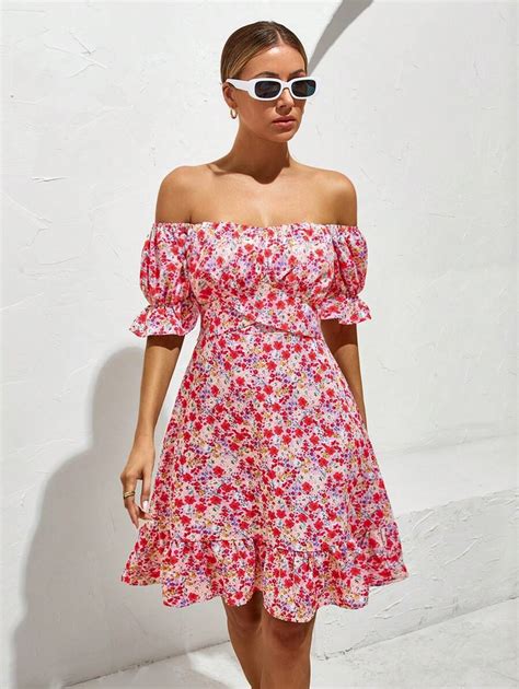 SHEIN VCAY Ditsy Floral Print Off Shoulder Ruffle Hem Dress | SHEIN USA