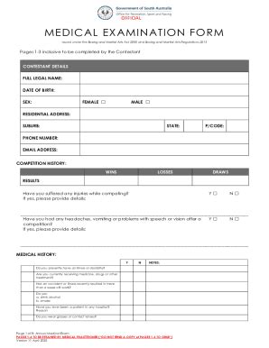 Boxing and Martial Arts Medical Examination Form - Blank Fillable ...