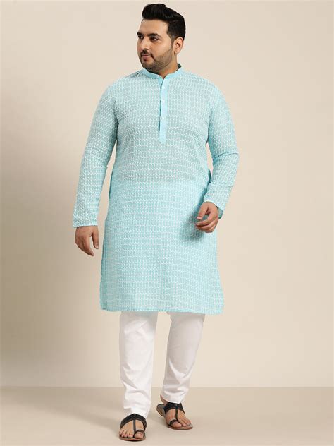 Men's Pure Cotton Blue Kurta with White Embroidery – Sojanya