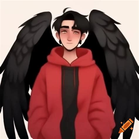 Adult male with large black wings in red hoodie on Craiyon