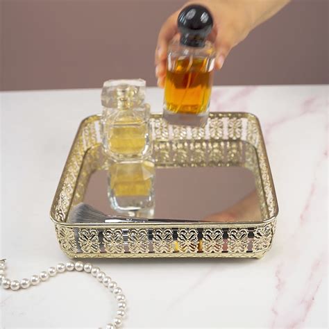 Small Square Metal Decorative Gold Mirror Tray Online | Nestasia
