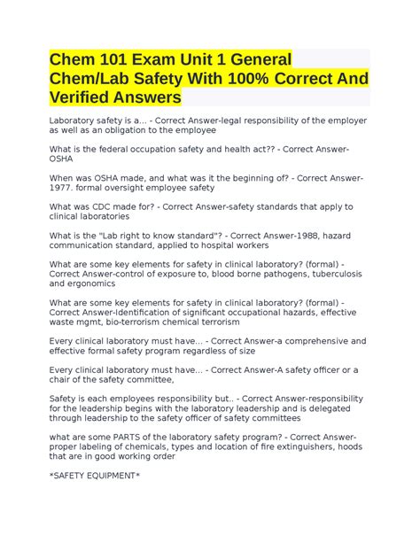 Chem 101 Exam Unit 1 General Chem/Lab Safety With 100% Correct And ...