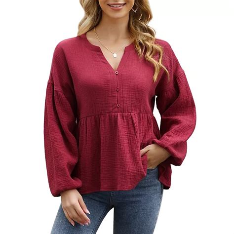 Womens V Neck Babydoll Shirt Puff Long Sleeve Ruffle Hem Plus Size Tops ...