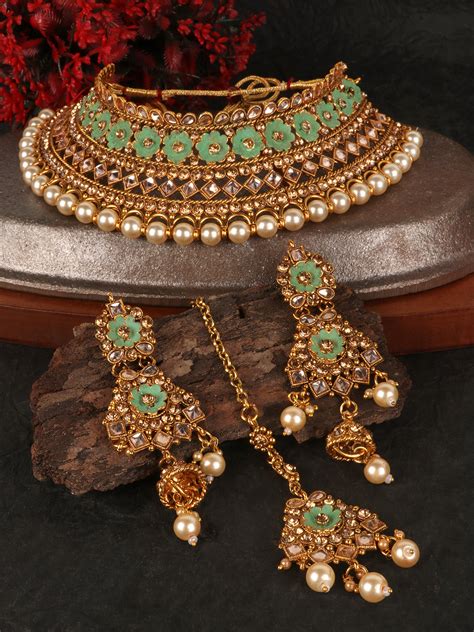 Gold-Plated Sea Green & White Kundan-Studded & Pearl Beaded Vilandi Je ...