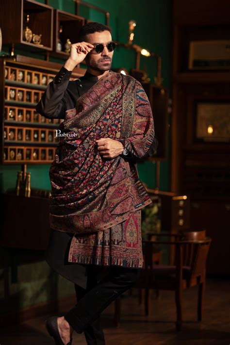 Pashtush Mens Fine Wool Shawl, With Metallic Weave Border Design, Blac ...
