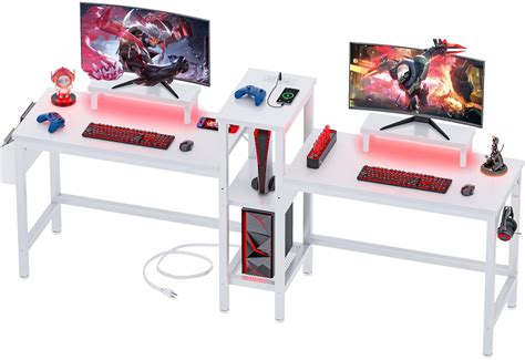Furologee White 71" Double Gaming Desk with LED Lights and Power ...