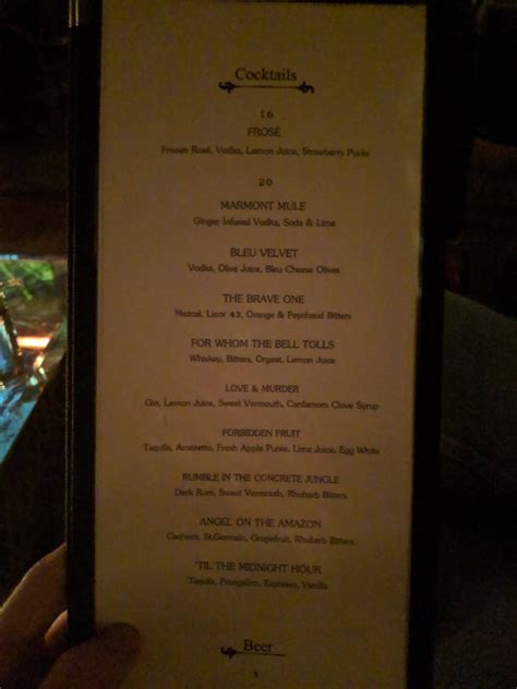 Menu at Chateau Marmont restaurant, Los Angeles, Sunset Blvd