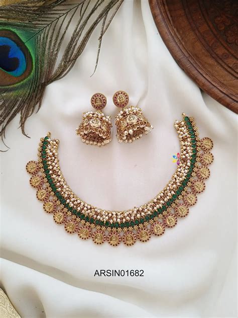Pearl with Emerald Stone Lakshmi Coin Necklace – Arshis