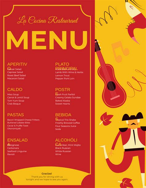 Image result for Spanish Menu Examples