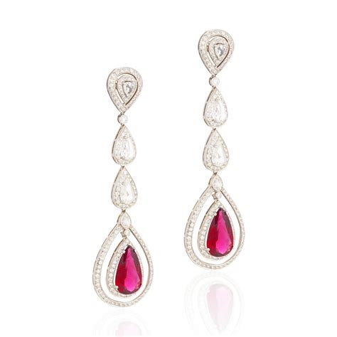 Pair of diamond and rubellite ear pendants | Prinseps