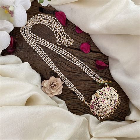 Vriksham AD Stone Lakshmi With Dual Elephant Pendant Rice Pearl Mala-R ...