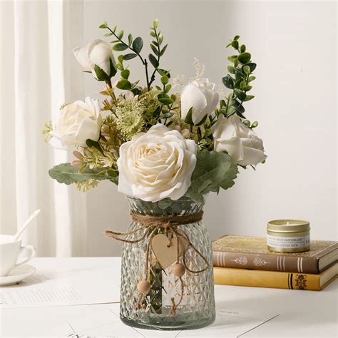 YJ Fake Flowers with Vase, Silk Roses Artificial Flowers in Vase, Faux ...
