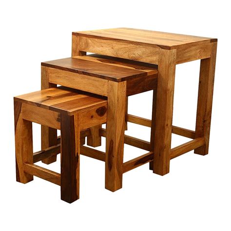 Solid Sheesham Wood Nesting Table Set of 3 Stools Wooden Nesting ...