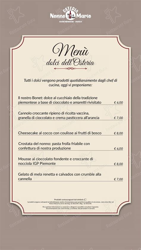 Menu da Osteria Nonno Mario ristorante, Osasco