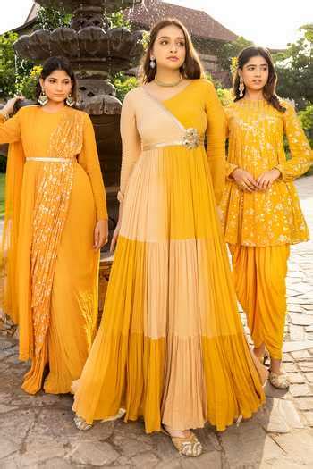 Buy Yellow Georgette, Pansy Fleur Foil Print Pleated Flare Tunic With ...