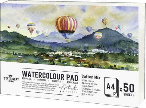 STATIONERY ISLAND Watercolour Paper Pad A4 Cotton Blend, 50 Sheets ...