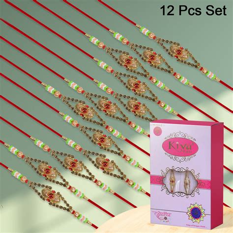 Set of 12 Premium Traditional Rakhis with Golden Floral Stone Centerpi