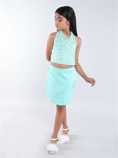 Foil printed cowl neck tie up crop top with Solid skirt set-Aqua green ...