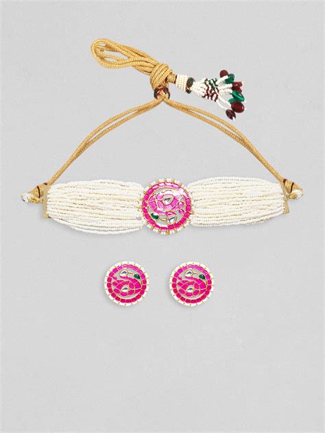 Shop Rubans Gold Plated Pink And Green Enamelled Choker Set With White ...
