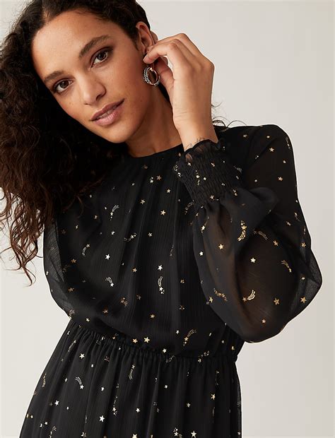 Buy Star Print Round Neck Midi Tiered Dress at Marks & Spencer